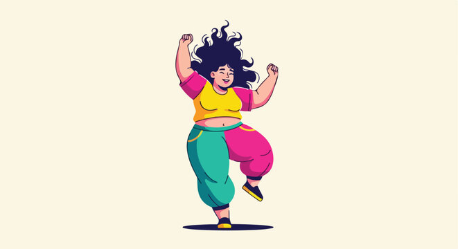 An illustration of a plus-sized woman in colorful clothes dancing happily