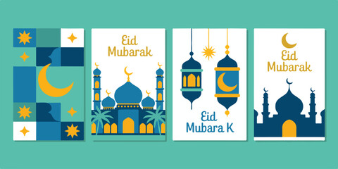 Naklejka premium Set of four eid mubarak greeting cards with islamic mosque and lanterns for muslim holiday celebration design.