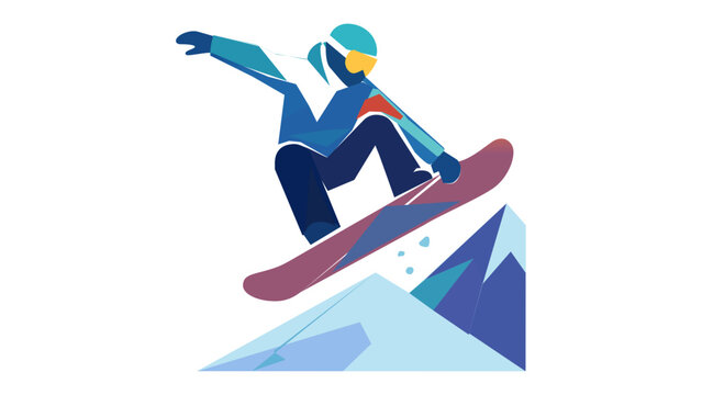 Vibrant vector illustration of a snowboarder performing a jump over snow-capped mountains, minimalist flat design icon for winter sports, outdoor adventure, and extreme action, AI-generated.
