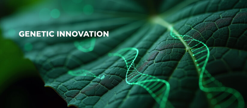 Plant Biotechnology Concept with Digital DNA Strands on Green Leaf for Genetic Innovation