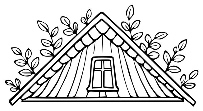 Whimsical Gable Roof with Dormer Window and Leafy Branches Illustration