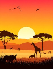 Fototapeta premium Savannah Sunset with Silhouetted Animals and Trees.