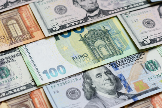 Euro and dollar banknotes, exchange, sales, economic tariffs and taxes. Euros and dollars