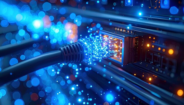 Network latency concept with glowing blue cable