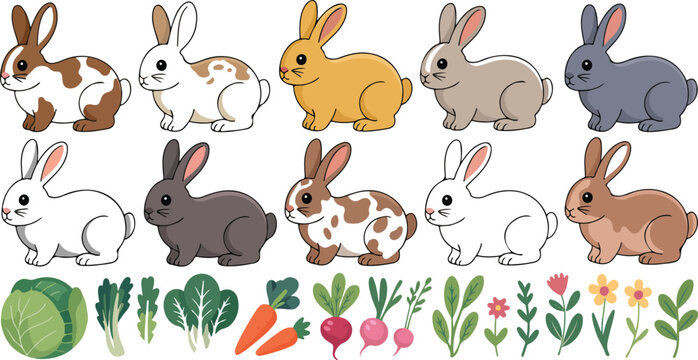 Cartoon cute spring rabbits and hares with flowers and vegetables, bunny characters jumping, sitting and sleeping vector illustration set