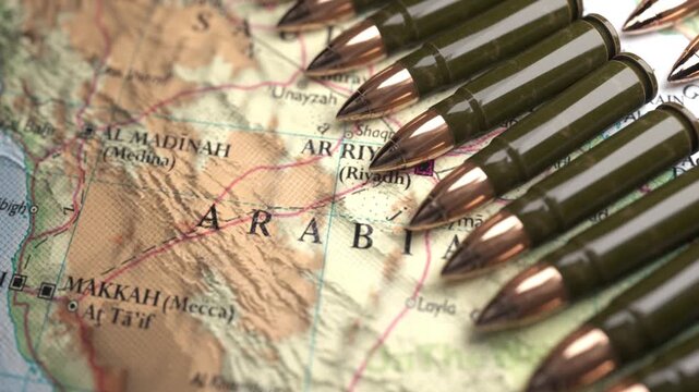 Bullets on Map of Saudi Arabia Highlighting Riyadh Regions Geopolitical Tension, Military Presence, and Strategic Interests in Conflict Geography