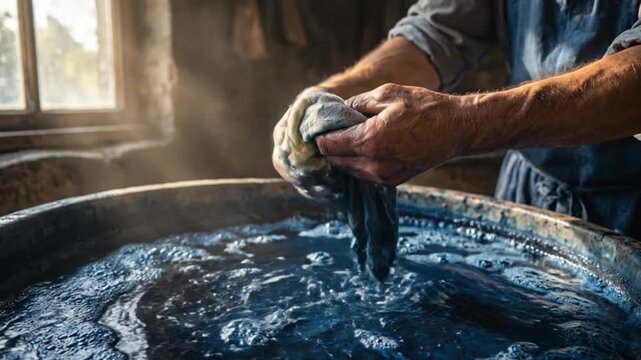 Traditional fabric dyeing process revealed in this ai-generated video showcasing artistic techniques in nature