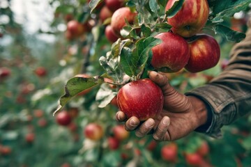 Obraz premium A close-up of a hand holding fresh red apples from a tree. The vibrant colors show the beauty of nature. This image captures the essence of harvest season. Perfect for agricultural themes. AI