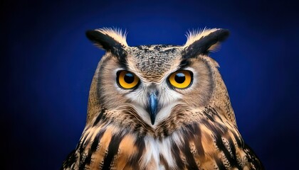 Obraz premium Intense Gaze of a Majestic Eurasian Eagle-Owl Against a Dark Blue Backdrop.