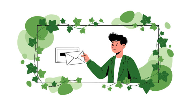 Man Sending Letter in Mailbox Framed by Greenery and Abstract Shapes