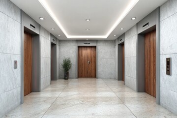 Fototapeta premium Modern building lobby features multiple elevator doors and polished stone flooring illuminated by ceiling lights