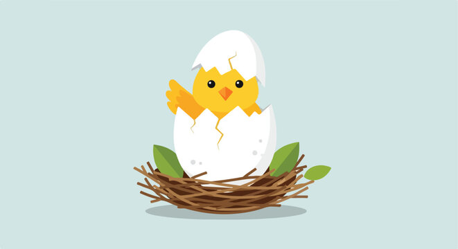A cute yellow baby chick hatching from a cracked egg shell in a twiggy nest