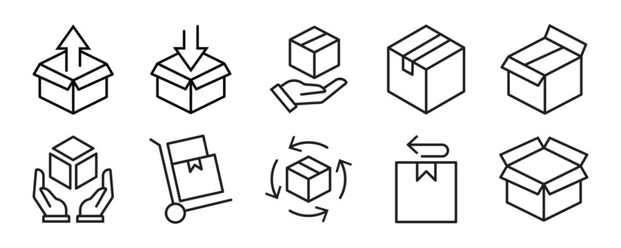 Package box line icon vector set. Containing open cardboard, fast delivery box, container, parcel protection, storage, good packing, fragile, wrapped, offer, processed, product shipping, merchandise