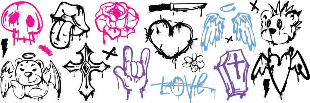 Cyberpunk inspired doodle set with spray paint drip effect vector