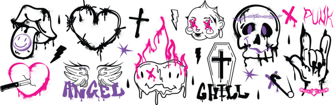 Gothic rock aesthetic elements with skulls coffin and roses vector