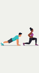 Fototapeta premium A man and a woman in sportswear performing plank and lunge exercises together