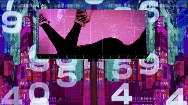 city with overlayed code and data and billboard with female body in shadow 