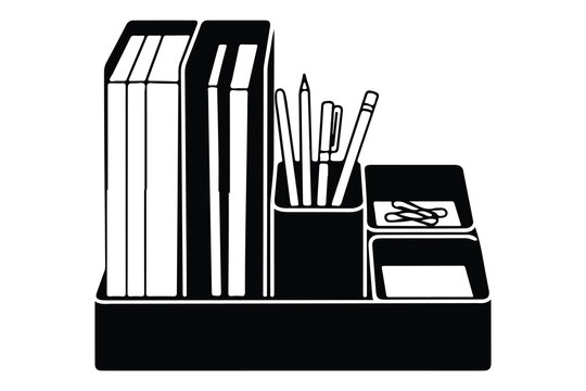 Black and white desk organizer with books pencils scissors and paper