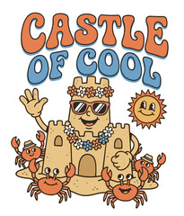 Fototapeta premium Cheerful sandcastle character with crabs and sun, 