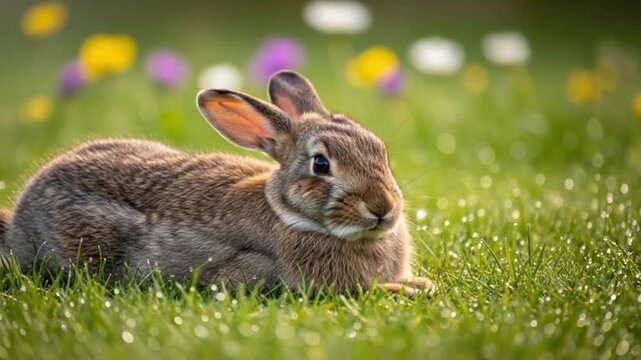 Cute bunny rabbit resting in a dew-covered meadow with wildflowers