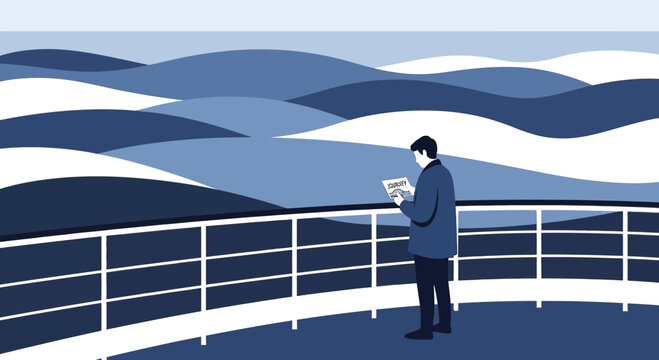 Man Reading on Ship Deck Overlooking Wavy Blue Ocean