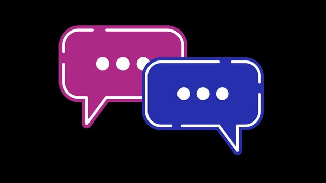 Seamless looping animation of two pulsing chat bubbles representing a conversation; modern communication symbol on a transparent alpha channel background in 4k horizontal resolution format