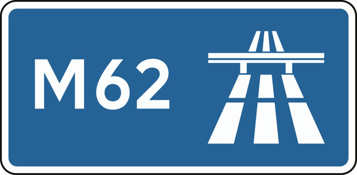 Motorway Sign M62 with Highway Symbol in Blue for Road Navigation, Traffic Guidance, Transport Infrastructure, and Travel Direction Design