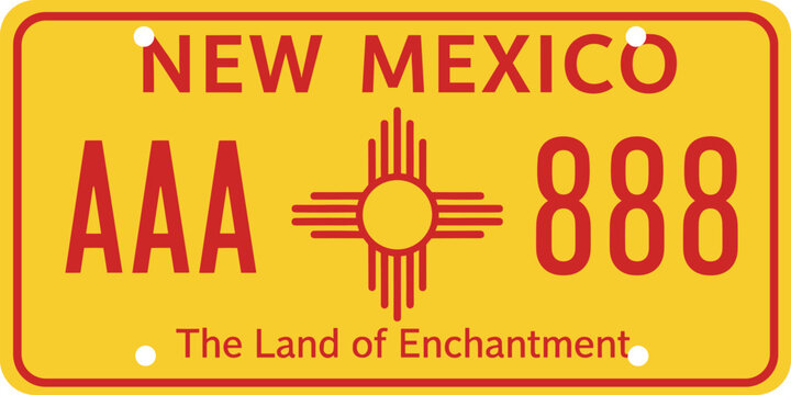 New Mexico License Plate Design with Zia Sun Symbol and Custom Number for Vehicle Registration, American State Identity, and Retro Automotive Graphic Use