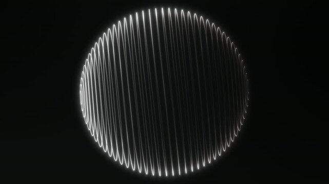 Abstract white glowing line sphere with vertical light stripes and minimal digital wave structure, futuristic sci fi striped orb on black background seamless loop animation 4K
