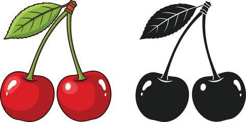 Red cherry vector illustration, fresh fruit icon set, sweet berry silhouette, food clip art with green leaf, isolated cartoon garden harvest. © Fozila