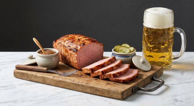 German tradition: Sliced ​​Leberk&auml;se sausage with grain mustard, pickles, and a refreshing draft beer on a rustic wooden board, all set on elegant marble.