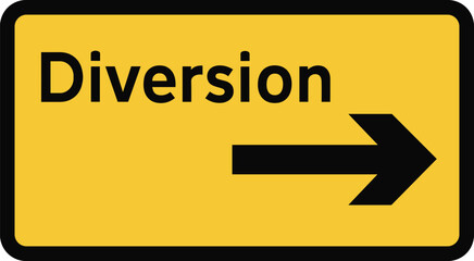 Diversion Road Sign with Right Arrow in Yellow and Black for Traffic Direction, Road Safety, Construction Detour, and Transport Guidance Design © MstSabina