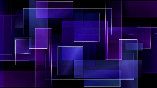 Blue and purple glass panels background with glowing neon light edges and geometric rectangular transparency effects.