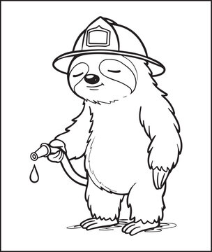 Cute firefighter sloth working for rescue black line art vector illustration for children coloring page or book design