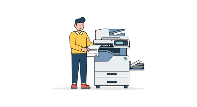 Man operating a modern office printer and copier machine