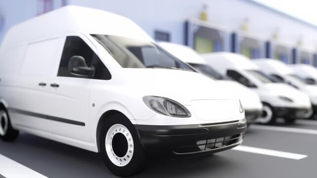 Fleet of White Delivery Vans Parked in Row Outside Warehouse for Logistics and Transportation Services, Showcasing Clean and Modern Design of Vehicles Ready for Efficient Operations
