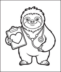 Fototapeta premium Cute doctor sloth standing with medical equipments black line art vector illustration for children coloring page or book design