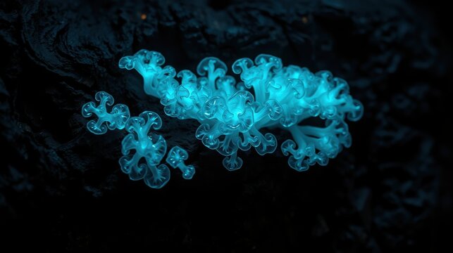 Glowworms illuminate cave ceiling. Bioluminescence creates ethereal blue light against dark rock formations. Stunning natural spectacle.