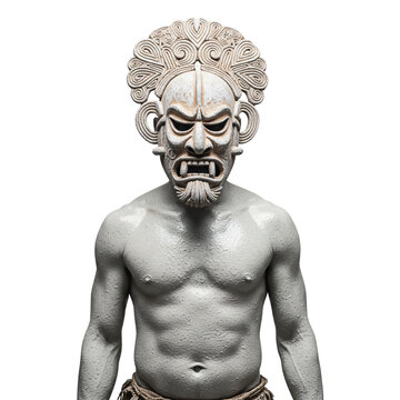 An asaro mudman from papua new guinea with his body covered in white clay and wearing a large heavy and frightening clay mask