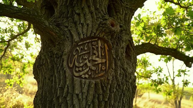 Ancient Tree Trunk with Circular Arabic Calligraphy Carved Into Bark in Sunlit Forest