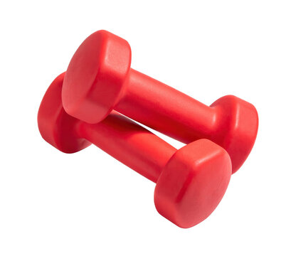 Two red dumbbells on transparent background for fitness training