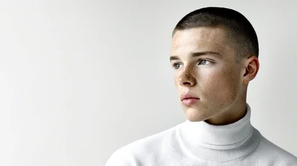 Minimalistische Portraits eines jungen Mannes mit kurzem Haar und neutralem Ausdruck. Klare Beleuchtung, Fokus auf Gesicht, Hautstruktur und reduzierte, moderne Ästhetik. © shokokoart