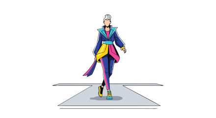 Fototapeta premium Fashion Model Walking on Runway in Vibrant Geometric Streetwear Outfit