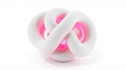Fototapeta premium White abstract knot with pink interior glows. Smooth curves create complex form, isolated on white background. Minimalist design.