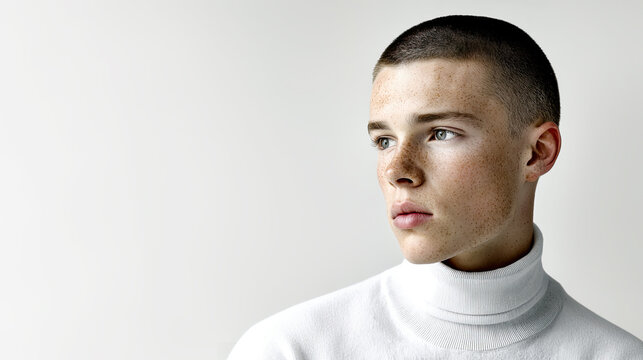 Minimalistische Portraits eines jungen Mannes mit kurzem Haar und neutralem Ausdruck. Klare Beleuchtung, Fokus auf Gesicht, Hautstruktur und reduzierte, moderne &Auml;sthetik.