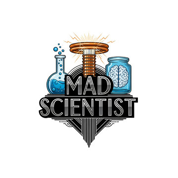 An art deco style logo for mad scientist with the text in the center surrounded by a bubbling beaker a tesla coil and a brain in a jar