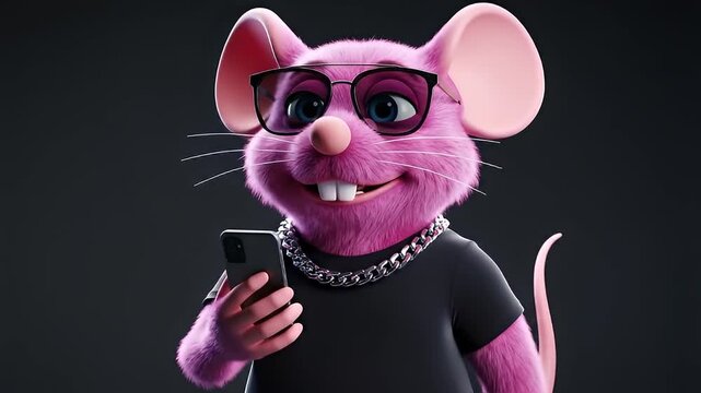 Anthropomorphic purple mouse with pink ears wearing glasses and a black shirt using a smartphone in a dark studio setting
