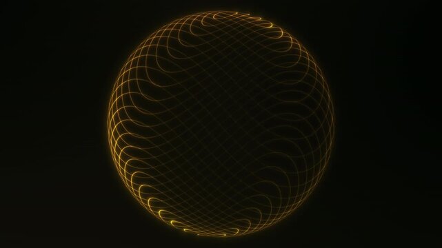 Golden geometric sphere with flowing curved grid lines and glowing energy pattern. Luxury futuristic abstract orb on black background seamless loop.