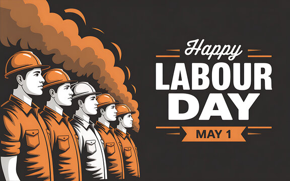 Labour Day greeting with five industrial workers in orange and white Keywords: labour day, may 1