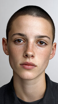 Minimalistische Portraits eines jungen Mannes mit kurzem Haar und neutralem Ausdruck. Klare Beleuchtung, Fokus auf Gesicht, Hautstruktur und reduzierte, moderne &Auml;sthetik.
